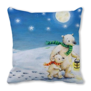 Detailed view of linen pillow cover with polar bears in moonlit snow landscape