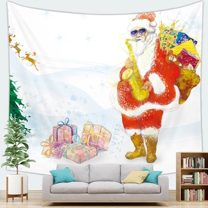 Detail of Santa Claus tapestry showing watercolor texture and festive living room decor