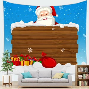Detail of Christmas Santa tapestry with wood texture pattern and gift boxes on wall