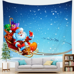 Detail of Christmas Santa sleigh tapestry hanging in a modern living room setting
