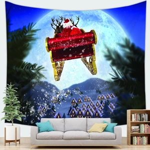 Christmas Santa Claus sleigh on a festive tapestry hung in a cozy living room decor