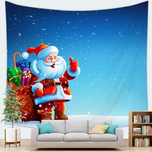 Christmas Santa Claus tapestry hanging above a grey sofa for festive home wall decoration
