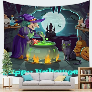 Detail van Halloween wandkleed met heks bij ketel en Happy Halloween tekst op de muur