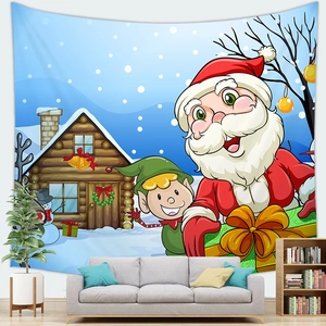 Christmas tapestry with Santa and snowman motifs hanging on a living room wall