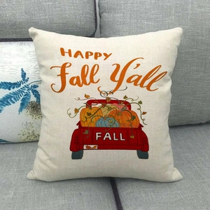 Federa in lino autunnale con camion di zucche rosse e scritta Happy Fall Y'all decorativa