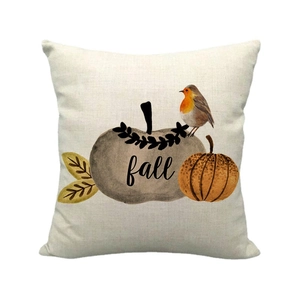 Linen blend throw pillow cover featuring watercolor pumpkin and fall bird design