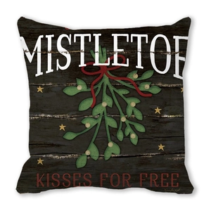 Rustiek houten kerstkussensloop met Mistletoe Kisses for Free opdruk in stijl
