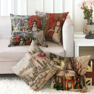 Christmas Throw Pillow Cover Linen Square Winter Snowman Cabin Print Cushion Case For Sofa Home Decor Rustic Holiday Decor