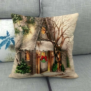 Christmas snowman linen pillowcase with cozy cabin and snowy pine forest painting