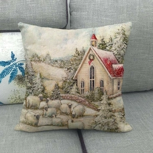 Linen Christmas snowman throw pillow cover with winter church and snowy sheep scenery