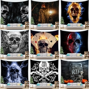 Nine different gothic skull and halloween themed wall tapestries in various room settings