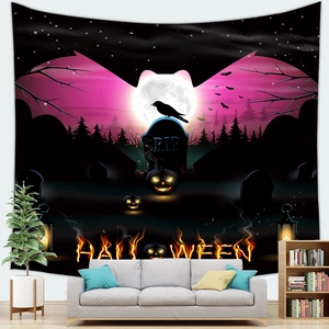 Spooky Halloween castle tapestry with RIP tombstone and pumpkin for wall decor