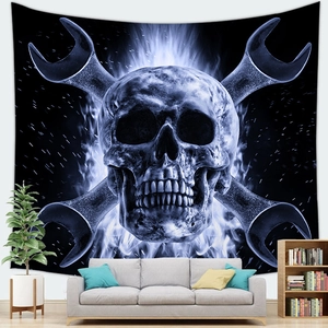 Thriller skull and wrench tapestry with blue flame on living room sofa wall