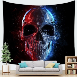 Gothic skull tapestry with red and blue crystal effect hanging over a modern sofa