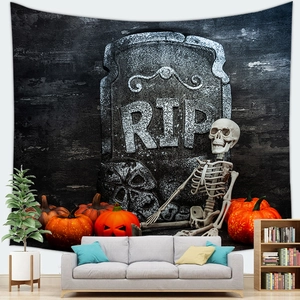Halloween wall tapestry featuring RIP tombstone, skeleton, and pumpkins in a living room