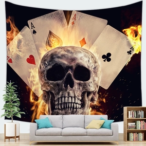 Detailed view of skull and poker ace tapestry with fire design on living room wall
