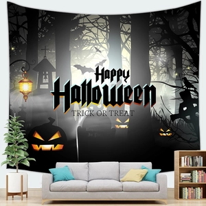 Ghost castle Halloween tapestry decoration with dark forest pumpkin motifs on wall