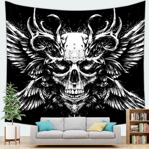 Detailed view of a gothic skull tapestry with antlers and wings on a living room wall