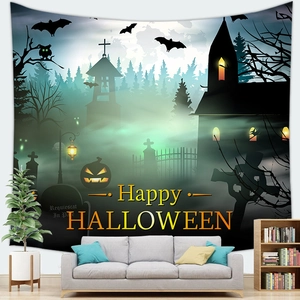 Ghost castle Halloween tapestry with Happy Halloween text, pumpkins and bats on wall