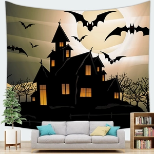 Halloween tapestry with haunted castle, bats and moon silhouette for home wall decor