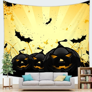 Halloween ghost castle tapestry with black pumpkins and bats on yellow background