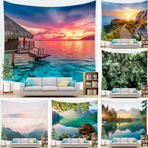 Set of six nature landscape wall tapestries showing mountains, forests, and oceans