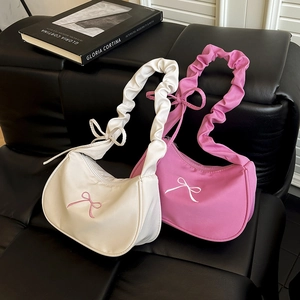 Minimalist Hobo underarm bag with bow embroidery and ruched cloud strap in beige and pink