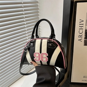 Retro Sporty PU Leather Bowling Bag For Women Color Block 96 Number Embroidery Handbag Fashion Crossbody Shoulder Bag