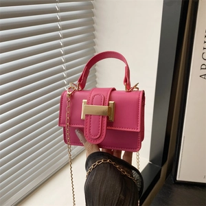 Rose pink mini square bag with gold metal buckle and chain strap for stylish women