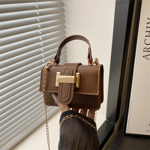 Minimalist brown PU leather crossbody bag with gold rectangular clasp and chain strap