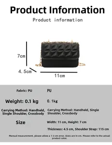 Detail of black quilted mini chain bag with specific dimensions and material specs