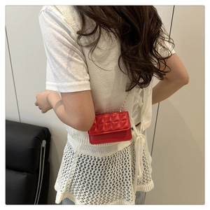 Red quilted mini crossbody bag with gold chain strap shown on a model's shoulder