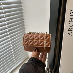 Chic brown quilted mini crossbody bag with gold chain strap and textured diamond pattern
