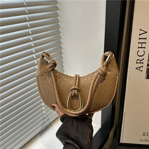 Sac Sous le Bras Tissé Mode pour Femmes Sac Hobo Croissant Avec Boucle Dorée en Cuir PU Poignée Nouée Sac à Main