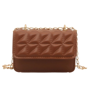 Brown quilted chain shoulder bag with geometric triangle pattern and gold metal strap