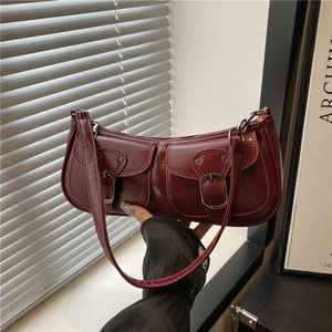 Vintage PU Leather Underarm Bag Multiple Front Pockets Metal Buckles Shoulder Crossbody Purse Women Fashion Y2K Retro