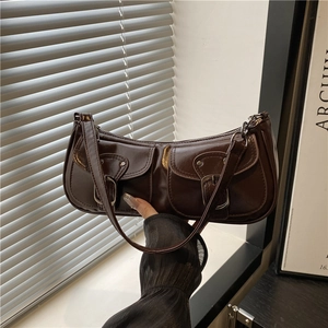 Deep brown vintage faux leather underarm bag with double front buckle pockets