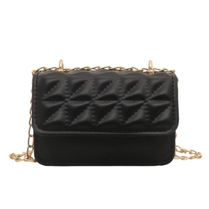 Classic black quilted shoulder bag with golden chain strap and elegant triangle stitching