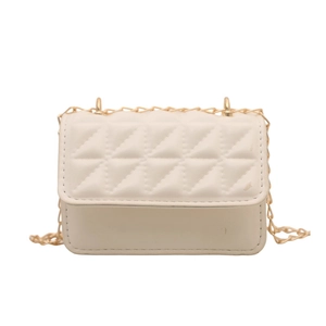 Minimalist beige crossbody mini bag with triangular quilting and gold chain strap