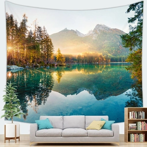 Nature landscape wall tapestry with snow mountain lake scenery for living room decor