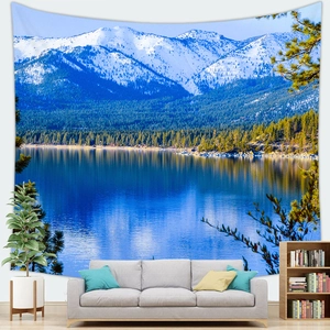 Detail of a large nature landscape tapestry showing snowy mountains and lake over a sofa
