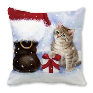 Kerstkussensloop met aquarel kitten, witte geschenkdoos en kerstman laars print