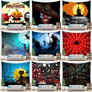 Halloween Spooky Tapestry Spooky Wall Hanging Polyester Fabric Pumpkin Skull Ghost Witch Castle Black Cat Decor For Home Party