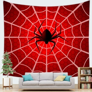 Macro detail of Halloween wall tapestry featuring black spider on red spiderweb background