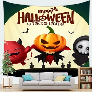 Detailed view of Halloween peach skin tapestry with spooky cartoon characters on a wall