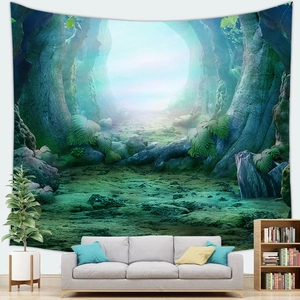 Detailed tapestry view of psychedelic forest and mushrooms above a sofa in a living room