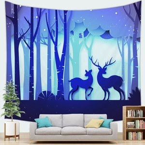 Detail of psychedelic forest tapestry with blue deer and moon hanging above a sofa