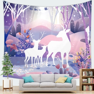 Detail of pink fantasy forest Christmas tapestry hanging in a cozy living room setup