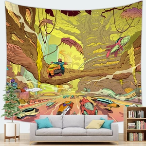Detail of psychedelic forest tapestry with sci-fi mushroom theme over a grey sofa