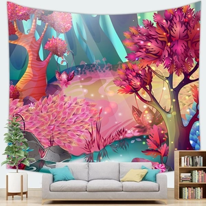 Fantasy forest tapestry with colorful mushrooms hanging above a modern gray sofa